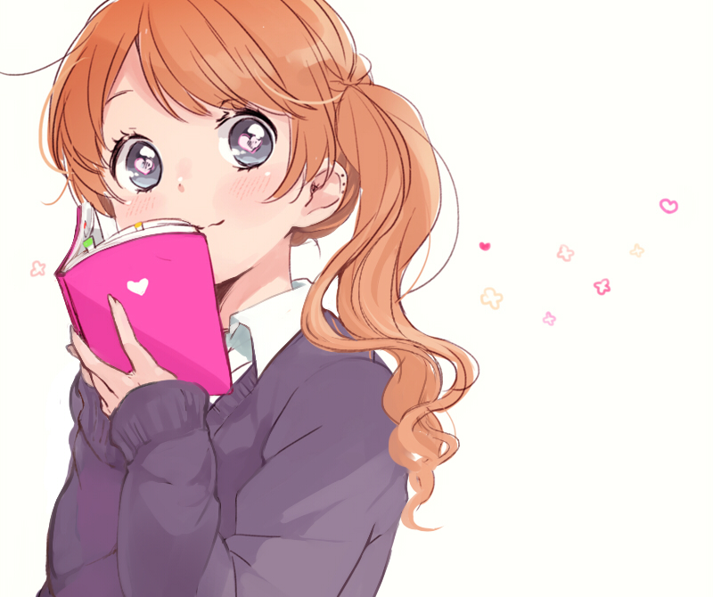 1girl, :3, bangs, blue_eyes, blush, book, brown_hair, ear_studs