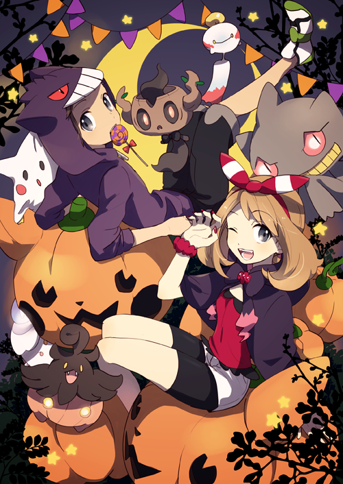 1boy, 1girl, alternate_costume, banette, bike_shorts, blue_eyes, brown_hair, chimecho