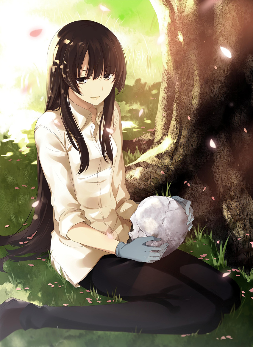 1girl, absurdres, artist_request, beige_shirt, black_pants, blue_gloves, brown_eyes, brown_hair, gloves, grass, highres, kujou_sakurako_(sakurako), long_hair, mole, mole_under_eye, outdoors, pants, petals, sakurako-san_no_ashimoto_ni_wa_shitai_ga_umatteiru, shirt, shoes, sitting, skull, smile, solo, tetsuo, tree, under_tree, very_long_hair, wariza