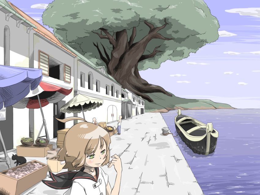 cat, gondola, green_eyes, medic_(sekaiju), nemakichi, scenery, sekaiju_no_meikyuu, town