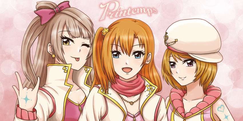 3girls, \m/, athyra, blue_eyes, bow, brown_hair, group_name, hair_bow