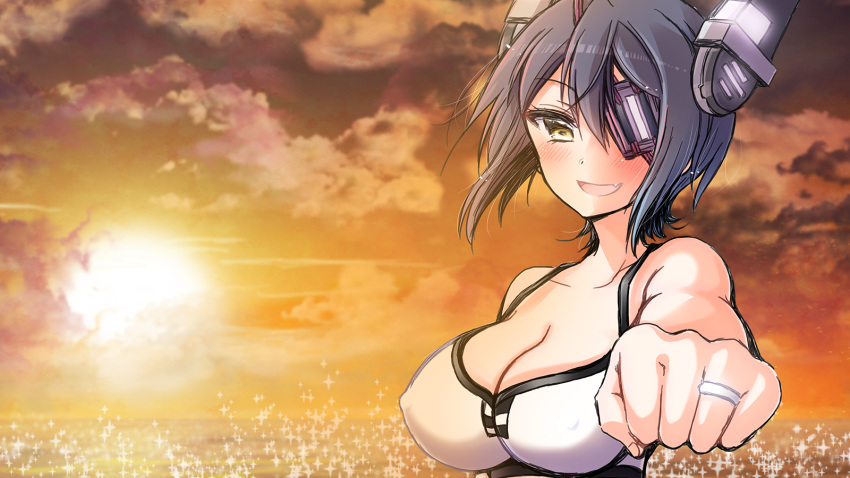 1girl, bikini, blush, breasts, cleavage, collarbone, covered_nipples, eyepatch
