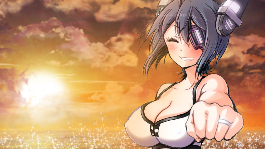 1girl, bikini, blush, breasts, cleavage, closed_eyes, collarbone, covered_nipples