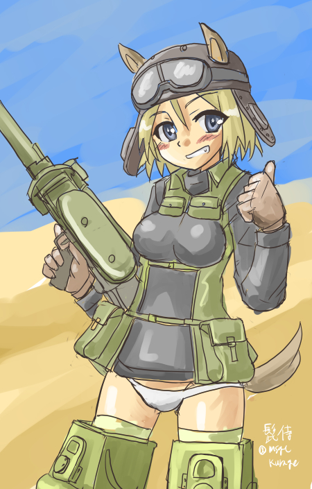 1girl, animal_ears, blonde_hair, blue_eyes, blush, cowboy_shot, desert, gloves, goggles, goggles_on_head, grin, gun, helmet, higezamurai_(kurage_gunsou), looking_at_viewer, marilyn_(strike_witches), pouch, short_hair, signature, sketch, smile, solo, strike_witches, striker_unit, tail, thumbs_up, twitter_username, weapon