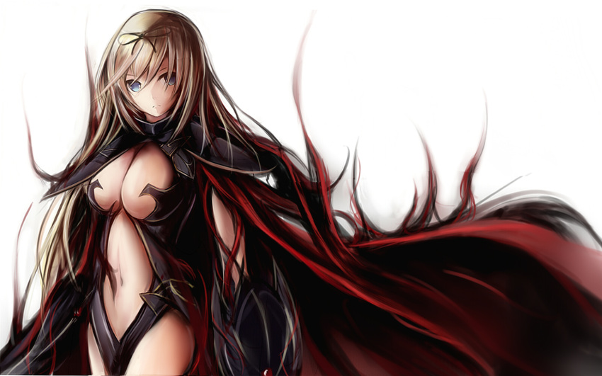 1girl, armor, bangs, bikini_armor, blonde_hair, blue_eyes, breasts, cape