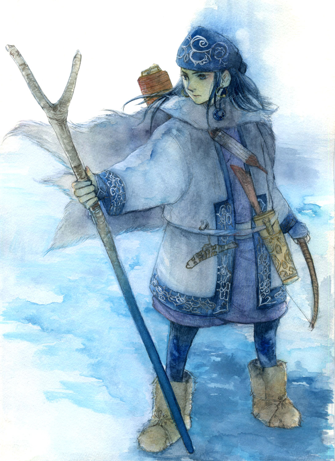 1girl, ainu_clothes, ashiripa, bandana, bow_(weapon), fur_cape, golden_kamui, highres, ito_kiko, long_hair, solo, weapon