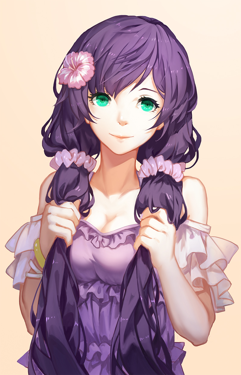 1girl, bangs, bare_shoulders, bracelet, breasts, cleavage, dress, flower, frills, green_eyes, hair_flower, hair_ornament, hair_scrunchie, highres, holding_hair, jewelry, lipstick, long_hair, love_live!_school_idol_project, makeup, minhoo, purple_dress, purple_hair, scrunchie, simple_background, smile, solo, swept_bangs, toujou_nozomi, twintails, upper_body
