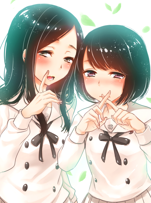 2girls, black_hair, blush, chi_muo, crossed_fingers, kokoro_ga_sakebitagatterunda., long_hair, multiple_girls