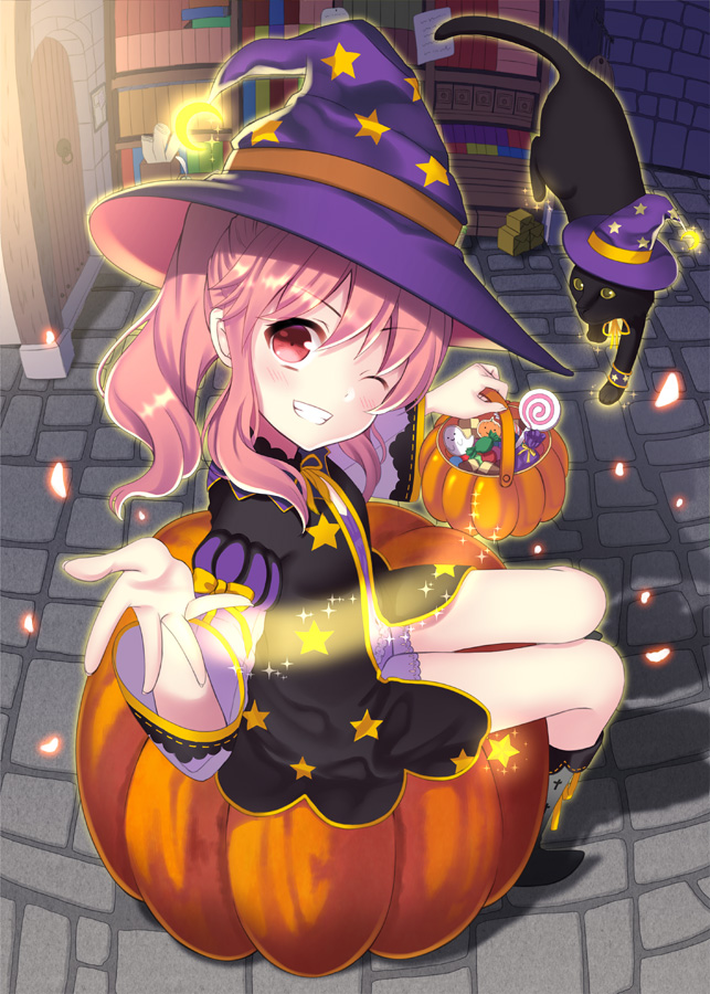 1girl, bangs, basket, black_cat, blush, bookshelf, box, brick_floor