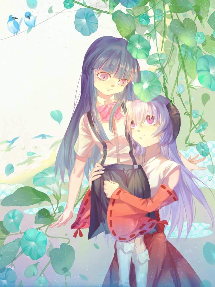 2girls, bangs, bird, blue_hair, blue_skirt, blunt_bangs, bow, bowtie