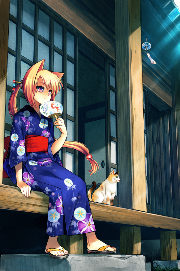 cat, cat_ears, fan, gimei, japanese_clothes, original, sandals