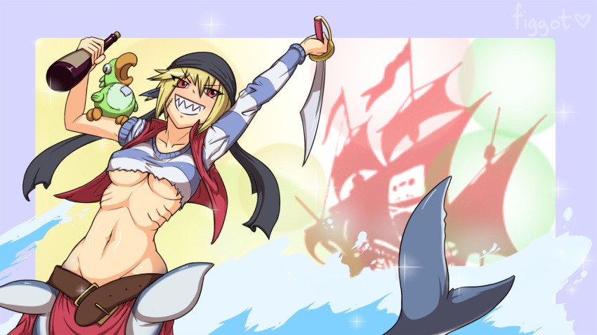 1girl, alcohol, bandana, belt, blonde_hair, breasts, cutlass_(sword), female, figgot, gills, grin, mako_(monster_musume), mermaid, monster_girl, monster_musume_no_iru_nichijou, navel, parody, pirate, pirate_ship, red_eyes, rum, scar, shark_race_(monster_musume), sharp_teeth, shirt, short_hair, signature, smile, solo, stitches, striped, striped_shirt, stuffed_animal, stuffed_bird, stuffed_toy, sword, the_pirate_bay, underboob, vest, weapon