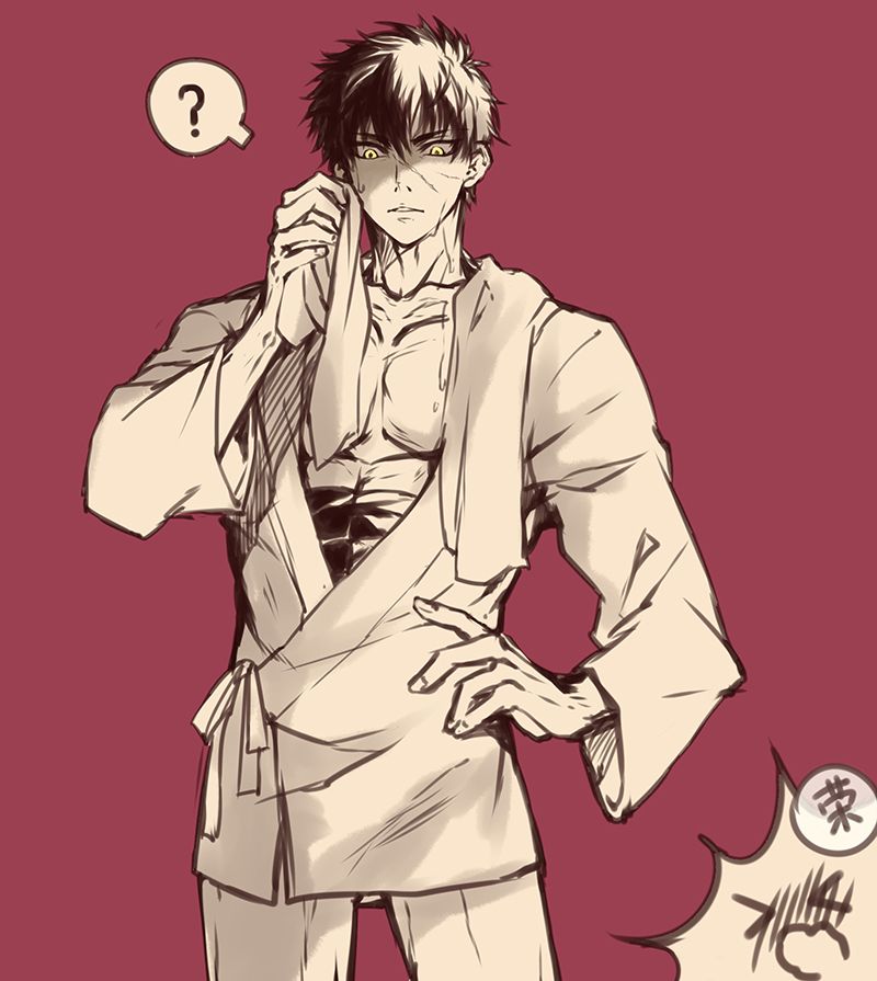 >_<, 1boy, ?, closed_eyes, doudanuki_masakuni, hand_on_hip, japanese_clothes, kingchenxi