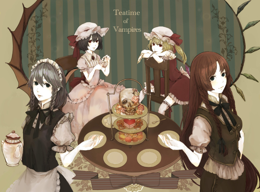 cake, cup, flandre_scarlet, food, highres, hong_meiling, izayoi_sakuya, noki_(pixiv363792), nosaki_(pixiv363792), pastry, remilia_scarlet, skull, teacup, touhou