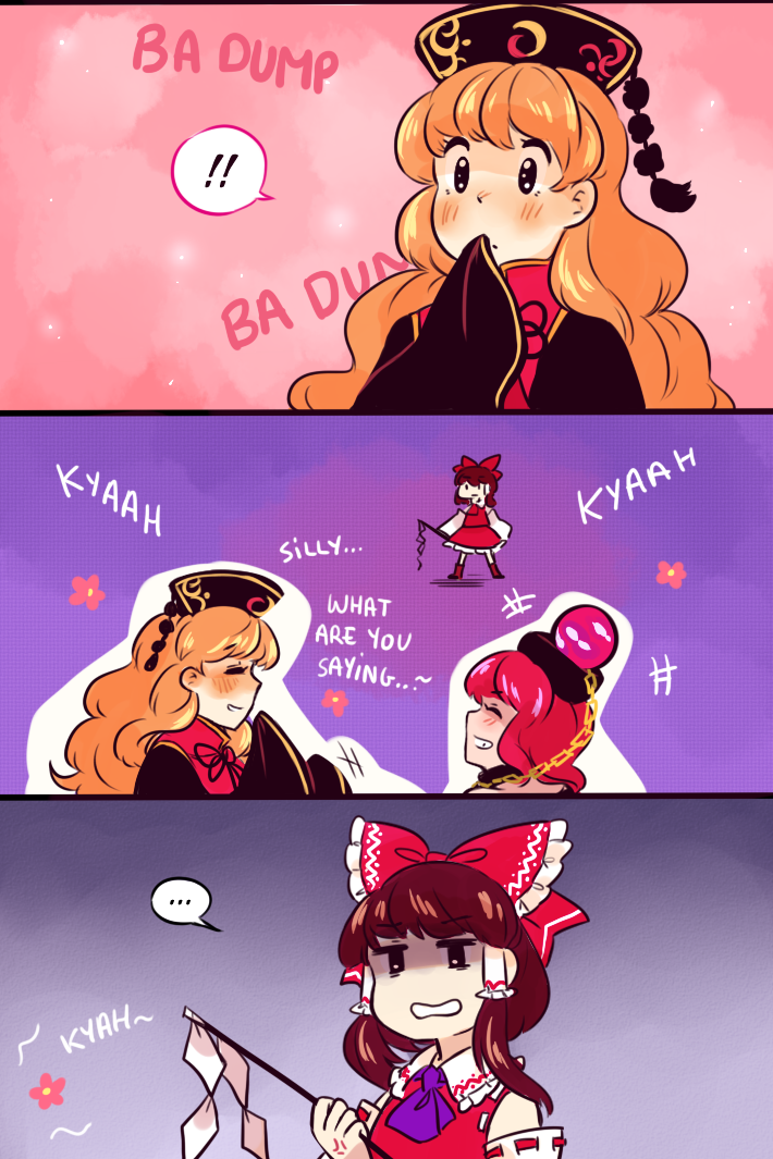 !!, ..., 3girls, anger_vein, angry, ascot, blonde_hair, bow