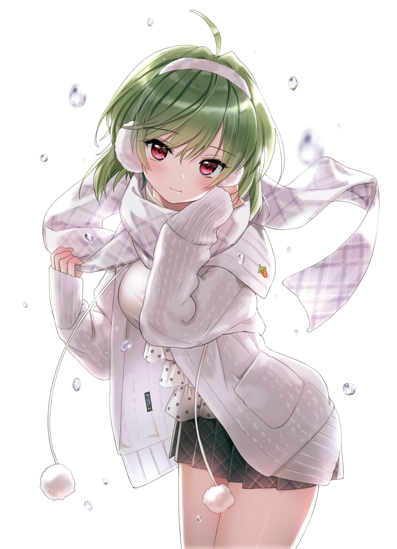 1girl, ahoge, cowboy_shot, earmuffs, green_hair, hand_on_own_neck, jacket, light_smile