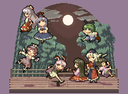 chibi, everyone, fujiwara_no_mokou, houraisan_kaguya, imperishable_night, inaba_tewi, kamishirasawa_keine, lowres, multiple_girls, mystia_lorelei, oobako, pixel_art, reisen_udongein_inaba, touhou, trap_door, wriggle_nightbug, yagokoro_eirin
