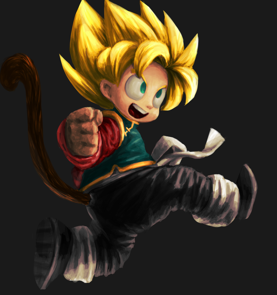 1boy, blonde_hair, chinese_clothes, clenched_hand, dragon_ball, dragon_ball_z, full_body, green_eyes