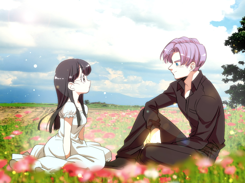 1boy, 1girl, black_eyes, black_hair, black_shirt, blue_eyes, blue_sky, blurry