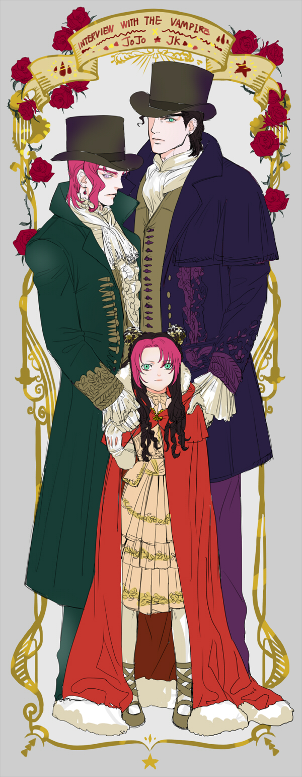 1girl, 2boys, avicy, black_hair, child, copyright_name, double_bun, dress