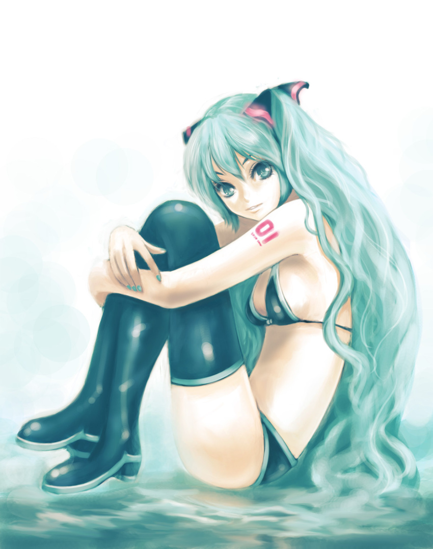 aqua_eyes, aqua_hair, bad_id, bikini_top, fujipo, hatsune_miku, highres, long_hair, nail_polish, solo, thigh-highs, thighhighs, very_long_hair, vocaloid