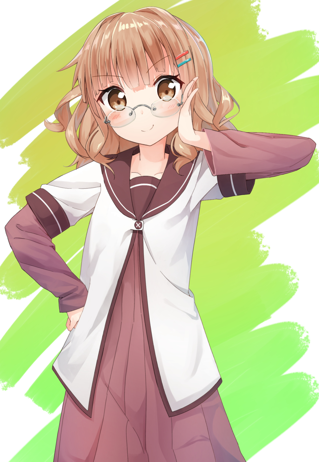 >:), 1girl, bespectacled, blonde_hair, brown_eyes, collarbone, glasses, hand_on_hip