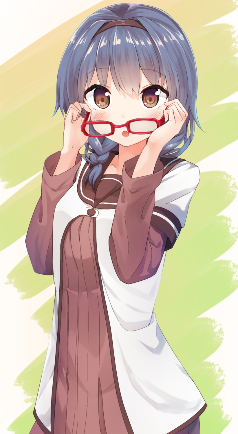 1girl, bespectacled, blue_hair, braid, brown_eyes, furutani_himawari, glasses, hairband