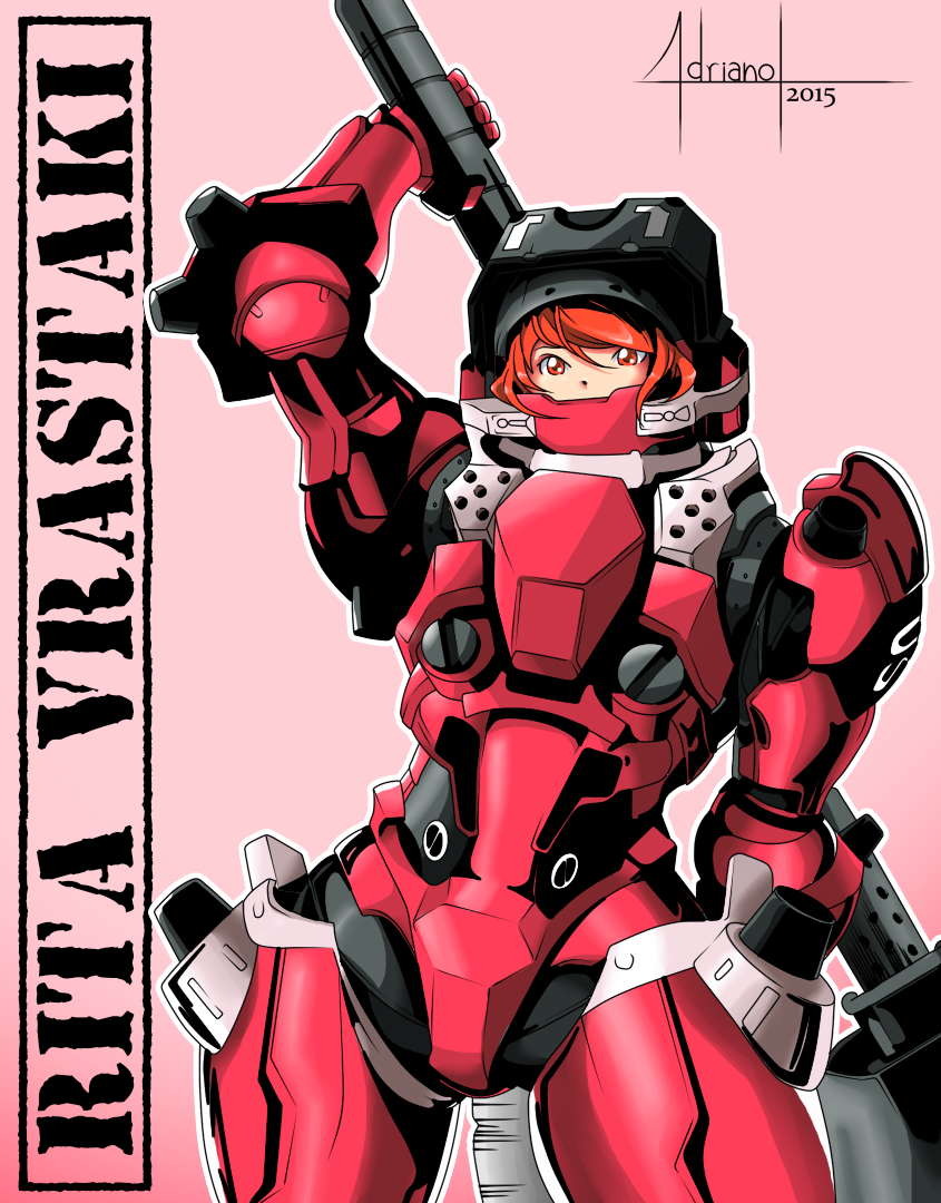 1girl, adriano_lima, all_you_need_is_kill, arm_behind_back, arm_up, huge_weapon, orange_hair, over_shoulder