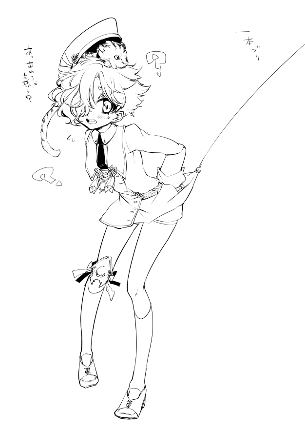 1boy, ?, animal_on_head, blush, fishing_hook, fishing_line, gokotai, gokotai's_tigers