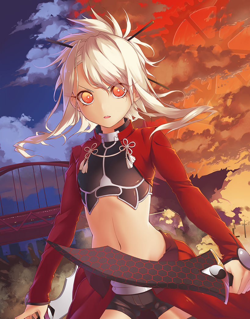 1girl, archer, archer_(cosplay), armor, breastplate, bridge, clouds, crop_top