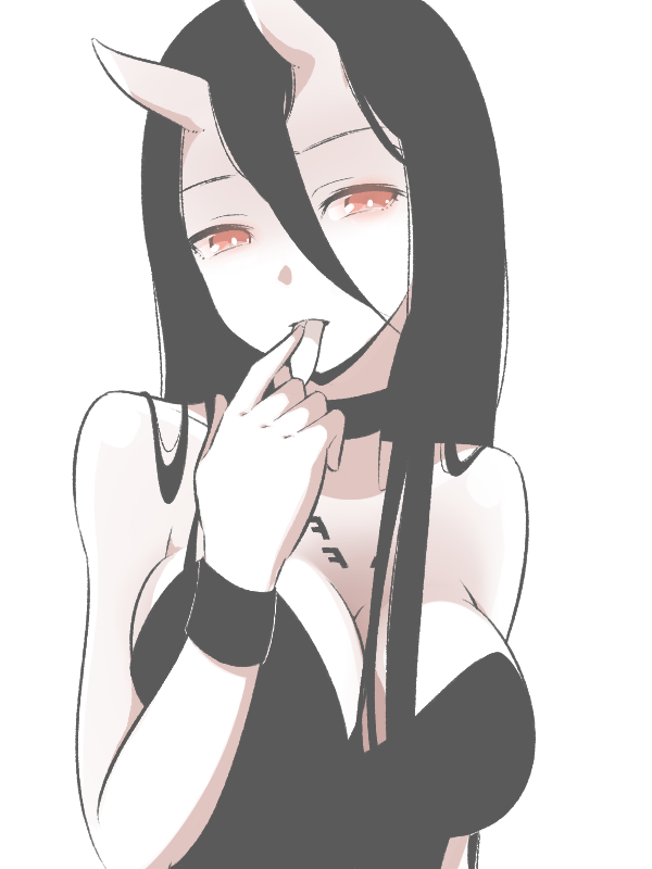 1girl, bare_shoulders, battleship_hime, black_dress, black_hair, breasts, cleavage, collarbone