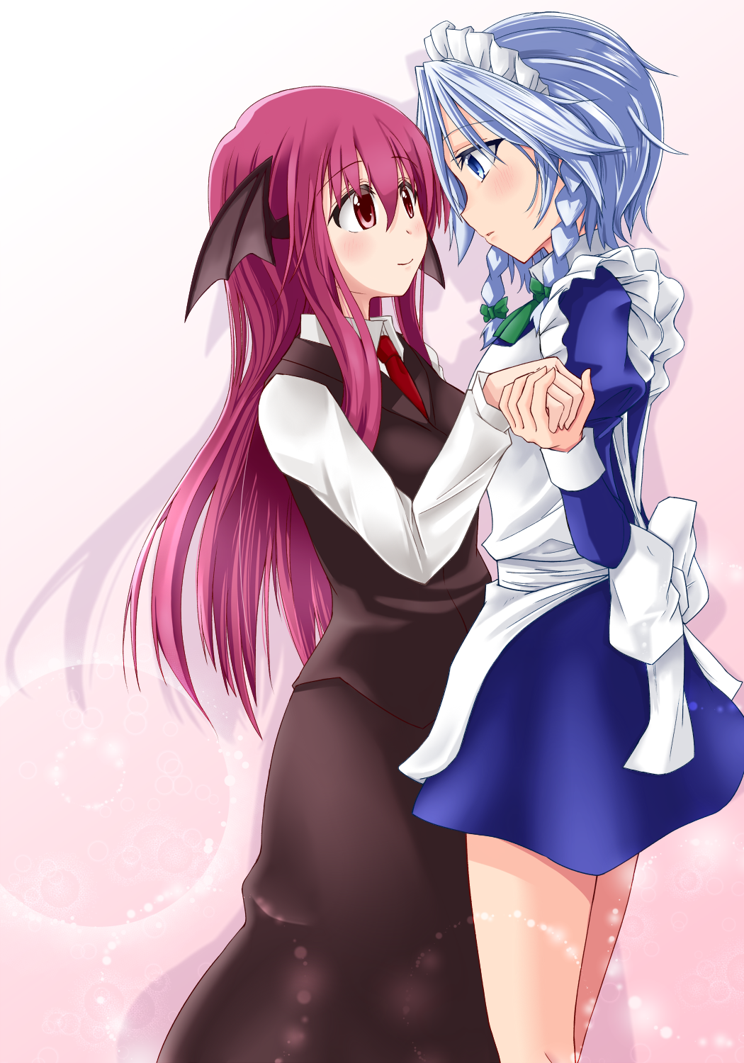 2girls, 3692materia, apron, blue_eyes, blue_hair, blush, braid, highres