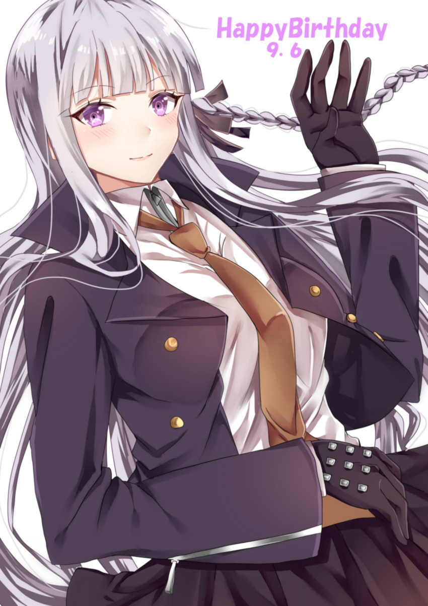 1girl, absurdres, braid, dangan_ronpa, dangan_ronpa_1, gloves, hair_ribbon, happy_birthday