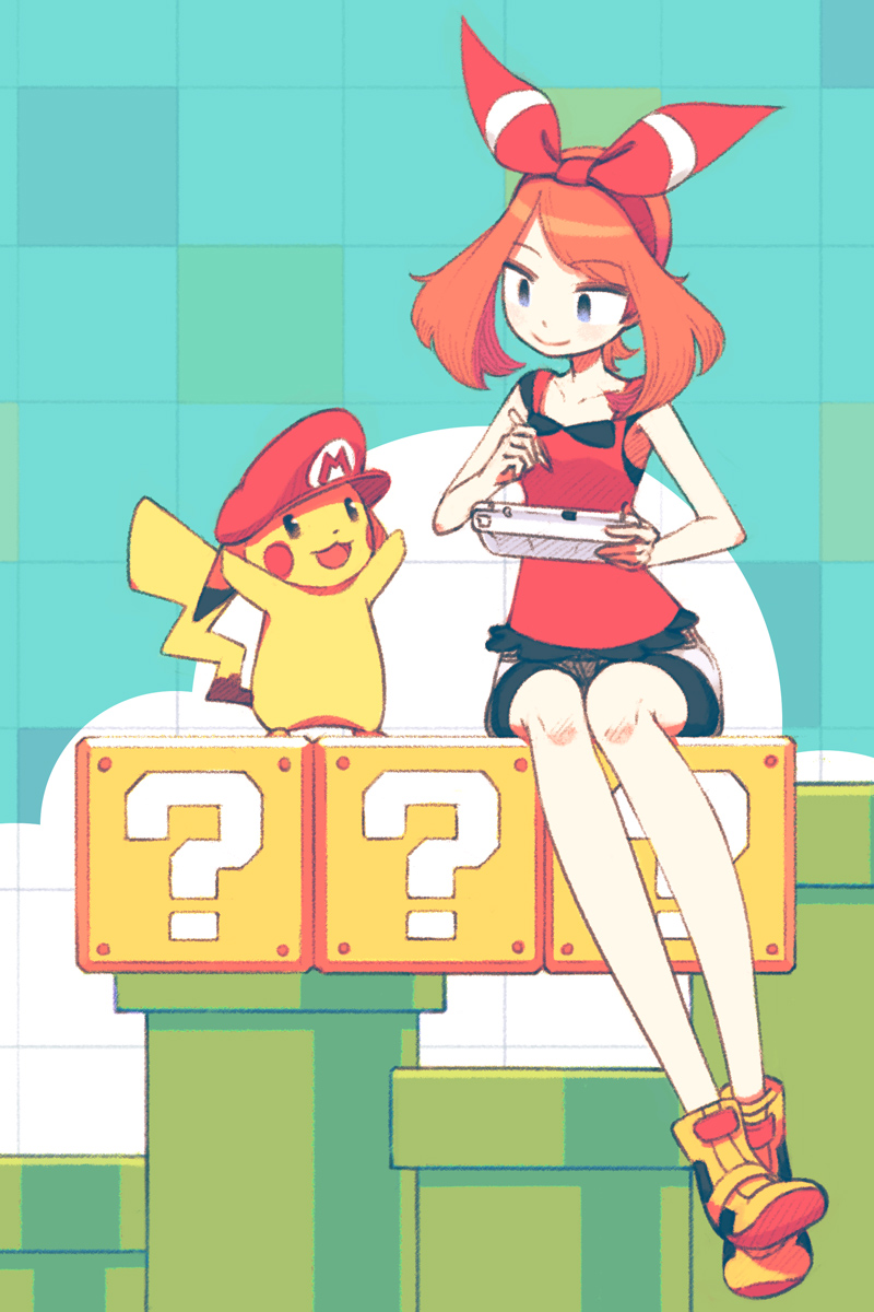 1girl, 1other, ?_block, bike_shorts, blue_eyes, brown_hair, controller, creatures_(company)