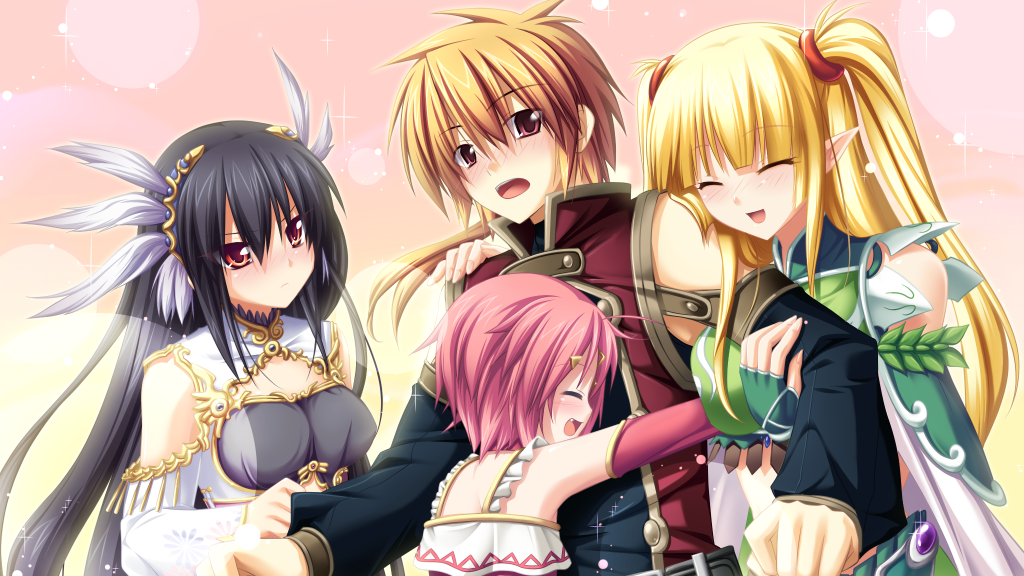 1boy, 3girls, :d, arm_hug, bare_shoulders, black_hair, blonde_hair, blush