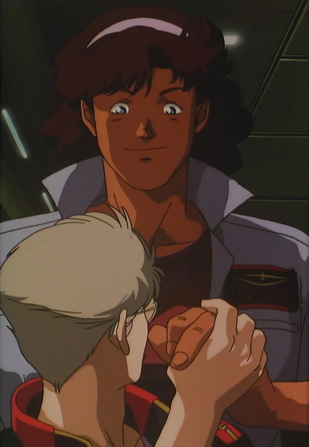 1boy, 1girl, chuck_keith, gundam, gundam_0083, highres, holding_hands, mora_bascht, screencap