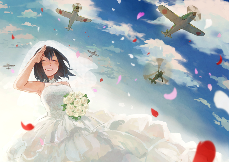 1girl, airplane, akitsu_maru_(kantai_collection), autogyro, black_hair, blue_sky, breasts, chanosuke