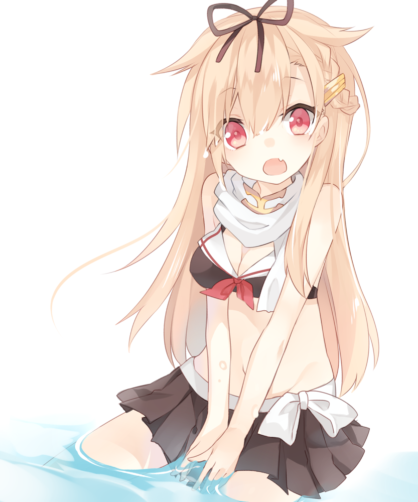 1girl, :d, bare_shoulders, bikini, black_bikini, black_skirt, blonde_hair, braid