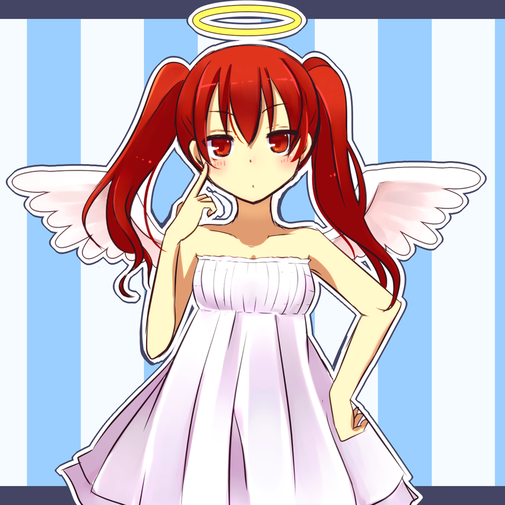 1girl, :o, angel, angel_wings, bangs, dress, finger_to_cheek, halo