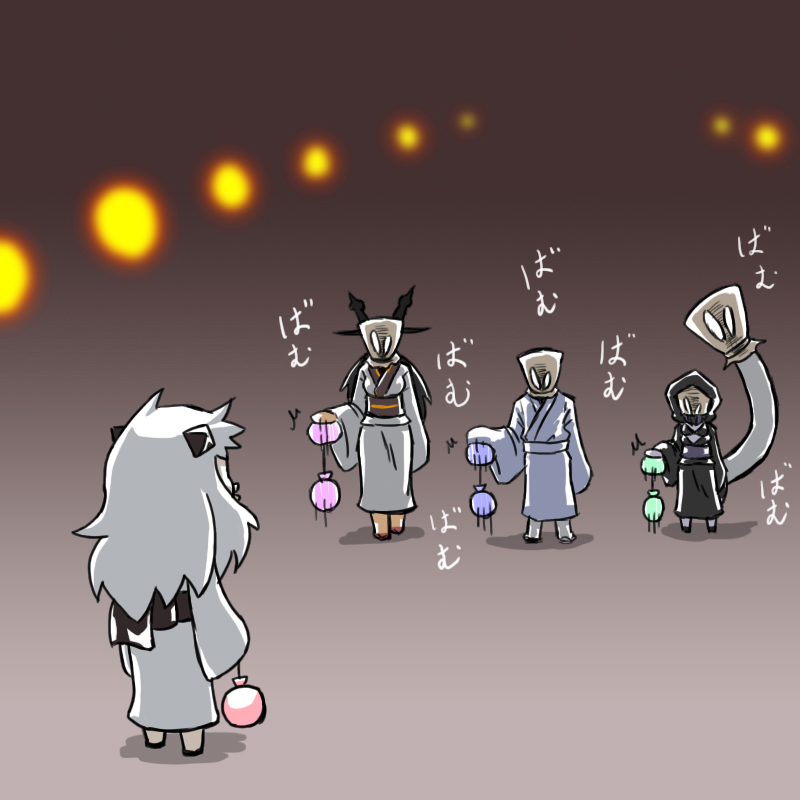 1boy, 3girls, admiral_(kantai_collection), ahoge, alternate_costume, asobou_ojisan, balloon, black_hair