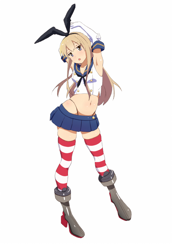 1girl, armpits, blonde_hair, crop_top, elbow_gloves, elel185, full_body, gloves