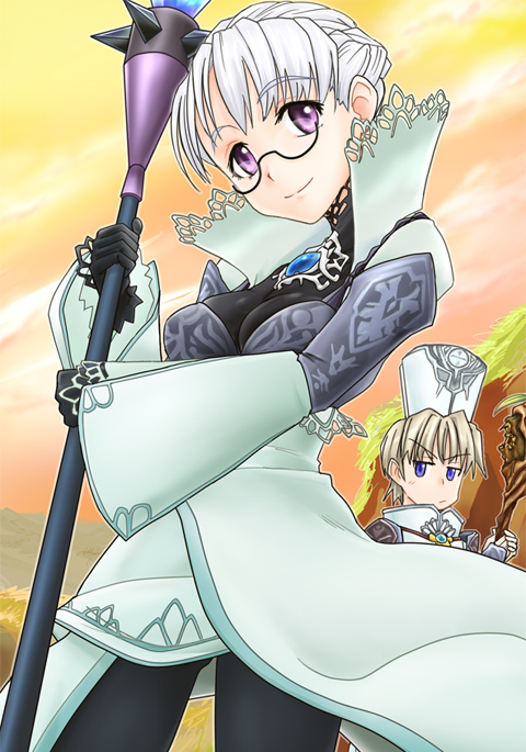 black_pantyhose, blonde_hair, blue_eyes, fantasy_earth_zero, glasses, gloves, hat, mitre, pantyhose, priest_hat, purple_eyes, staff, urokozuki, violet_eyes, white_hair