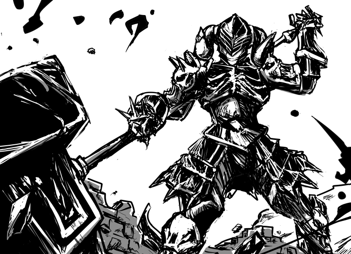 blood, blood_spatter, blood_splatter, fantasy_earth_zero, full_armor, gauntlets, greaves, helmet, horns, monochrome, pauldrons, ruins, urokozuki, visor_(armor), warhammer, weapon