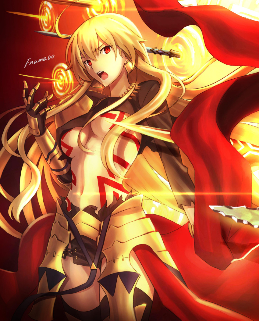 1girl, absurdres, aora, armor, blonde_hair, breasts, earrings, fate_(series)