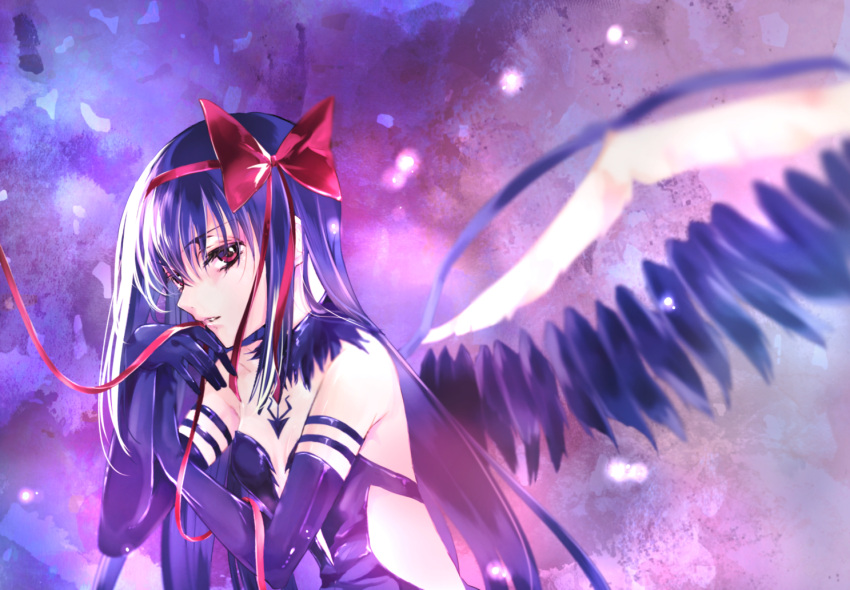 1girl, akemi_homura, akuma_homura, bangs, bare_shoulders, bow, choker, dress, elbow_gloves, feathered_wings, gloves, hair_bow, hairband, holding, long_hair, looking_at_viewer, mahou_shoujo_madoka_magica, mahou_shoujo_madoka_magica_movie, purple_dress, purple_gloves, purple_hair, red_bow, red_eyes, red_ribbon, ribbon, shakemi_sara, sleeveless, solo, spoilers, violet_eyes, wings