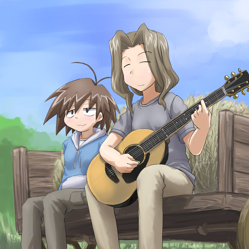 acoustic_guitar, antenna_hair, brown_eyes, brown_hair, closed_eyes, guitar, hay, hoodie