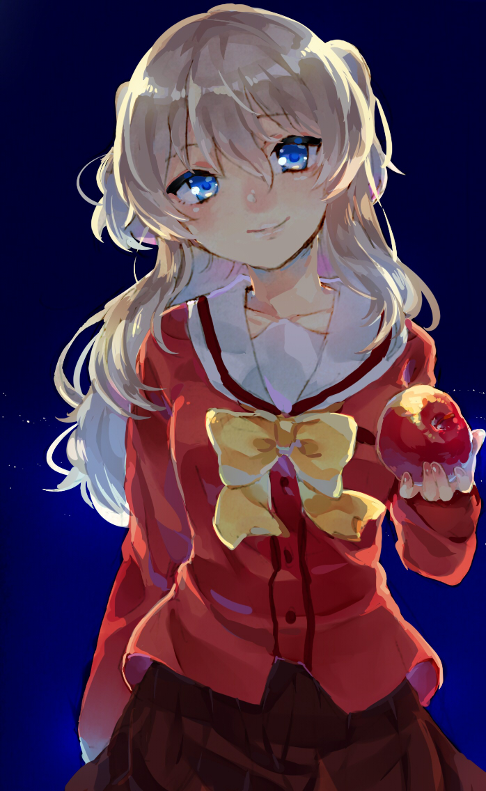 1girl, apple, blue_eyes, charlotte_(anime), food, fruit, iukawa_hamosaku, long_hair