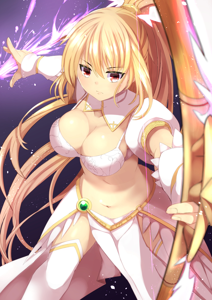 1girl, bikini_top, blonde_hair, bow_(weapon), breasts, cleavage, commentary_request, cowboy_shot