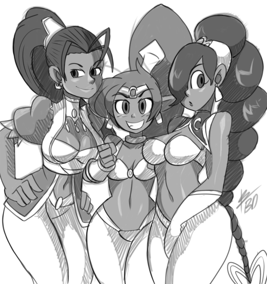 3girls, antenna_hair, arabian_clothes, baggy_pants, bigdead93, braid, breasts, choker