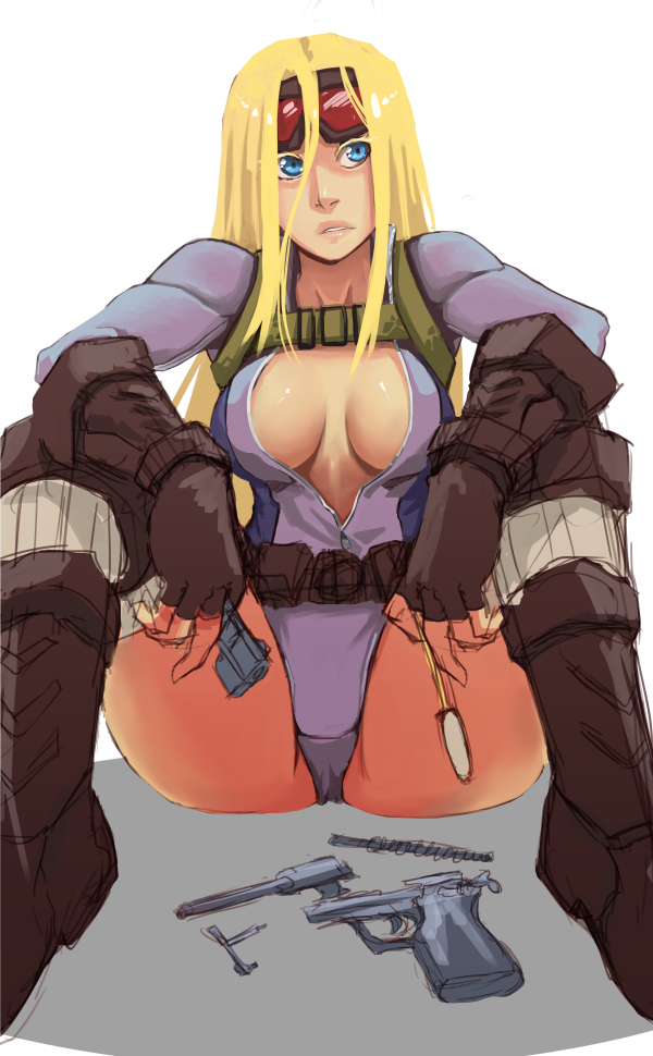 1girl, alternate_costume, alternate_hairstyle, belt, blonde_hair, blue_eyes, boots, breasts, brush, cammy_white, cleaning_gun, cleavage, commentary, disassembly, fingerless_gloves, gloves, goggles, goggles_on_head, gun, hair_between_eyes, hair_down, handgun, harness, knee_boots, leotard, lips, long_hair, no_bra, nose, pistol, sitting, solo, street_fighter, street_fighter_v, unzipped, utility_belt, weapon, whistle_frog, work_in_progress